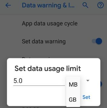 Angi begrensning på databruk Android 9 Pie-telefon