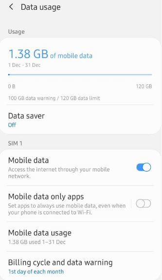 Hvordan sjekke mobildata på Galaxy A50